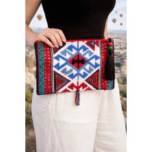 Uretti - Sümeyya 2589 2333 El Yapımı Etnik Kilim Desen Boncuk Işlemeli Siyah Püsküllü Clutch Çanta