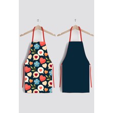 Ays Home Çiçek Kalpli Dijital Baskılı Mutfak Önlüğü %100 Polyester Lacivert Renkli Unisex 2'li Set