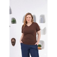 Rmg V Yaka Büyük Beden Tişört Kahverengi