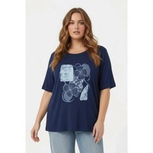 Rmg Çiçek Baskılı Kadın Büyük Beden Tişört Lacivert