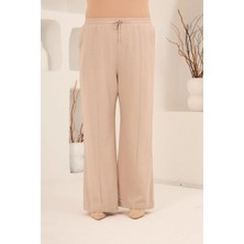 Rmg Beli Lastikli Bol Paça Büyük Beden Kadın Keten Pantolon Vizon