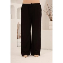 Rmg Beli Lastikli Bol Paça Büyük Beden Kadın Keten Pantolon Siyah