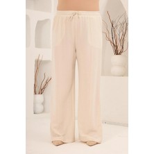 Rmg Beli Lastikli Bol Paça Büyük Beden Kadın Keten Pantolon Bej