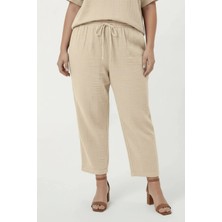 Rmg Beli Lastikli Bağcıklı Kadın Büyük Beden Pantolon Krem