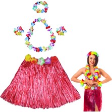 Hawaii Dans Kostümü – Kırmızı Hula Etek & Çiçek Kolye Seti