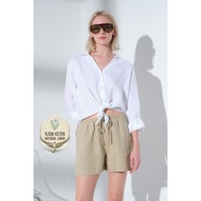 Maule %100 Keten Beli Lastikli ve Bağcıklı Rahat Kalıp Dokuma Kadın Şort @salto