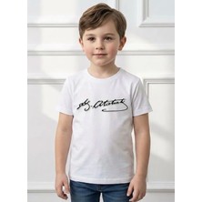 Kemal Atatürk Imzalı Kabartma Baskılı Beyaz Tişört Tshirt Kız Erkek Çocuk