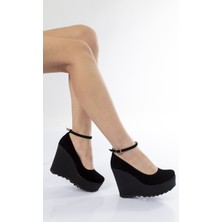 Çnr&Dvs Siyah Süet Kadın Dolgu Topuklu Ayakkabı Yüksek Tabanlı Suni Deri 1205CNR