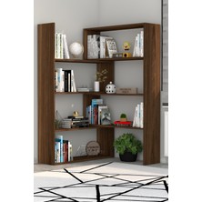 Moonlife Pisagor Kitaplık Ceviz Modern Tasarım 8 Raflı Suntalam 120 cm Genişlik 118 cm Yükseklik