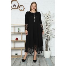 Kheos Kol Cep ve Etek Ucu Dantel Detaylı Uzun Kollu Siyah Kolyeli Kloş Elbise Günlük Stil