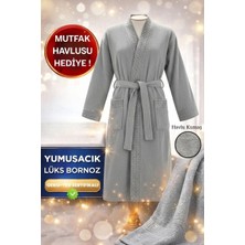 Layvera Kadın-Erkek Bornoz Gri | %100 Pamuk-Kapüşonlu-Biyeli-Cepli-Gri-Unisex