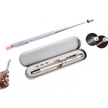 Metal Kutulu Kırmızı Lazerli, LED Işıklı Mıknatıslı Pointer Kalemi Işaretçi Uzayabilen Sunum Çubuğu Teleskopik Metal Tükenmez Kalem (PRS-1521G)