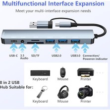 USB C Hub, 8'i 1 Arada USB Hub 3.0 Çok Portlu Adaptör, USB 3.0 Bağlantı Noktaları, Sd/tf Kart Okuyucu, Usb-C ve 3 x USB 2.0 Veri Bağlantı Noktaları, 3,5 mm Ses Bağlantı Noktaları,  Air