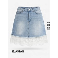 Miss Poem Kadın Açık Mavi Dantel Detaylı Mini Jean Etek