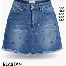 Miss Poem Kadın Orta Mavi Renkli Taş Detaylı Mini Jean Etek