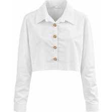 Miss Poem Kadın Beyaz Gold Güneş Düğme Detaylı Crop Gömlek