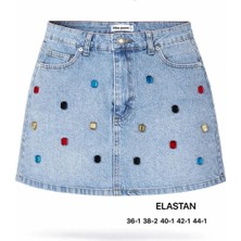 Miss Poem Kadın Açık Mavi Taş Işlemeli Mini Jean Etek