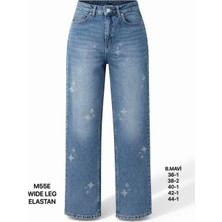 Miss Poem Kadın Buz Mavi Taş Detaylı Yüksek Bel Wide Leg Jean Pantolon