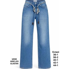 Miss Poem Kadın Orta Mavi Kemer Detaylı Yüksek Bel Wide Leg Jean Pantolon