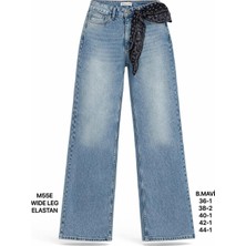Miss Poem Kadın Buz Mavi Fularlı Yüksek Bel Wide Leg Jean Pantolon