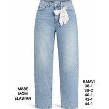 Miss Poem Kadın Buz Mavi Dantel Kemer Detaylı Yüksek Bel Mom Fit Jean Pantolon