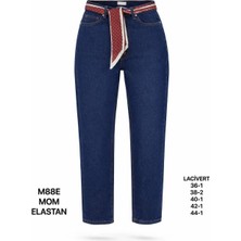 Miss Poem Kadın Lacivert Fular Kemer Detaylı Yüksek Bel Mom Fit Jean Pantolon