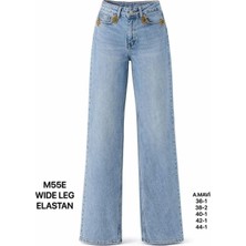 Miss Poem Kadın A.mavi Çiçek Taş Aksesuarlı Geniş Paça Jean Pantolon