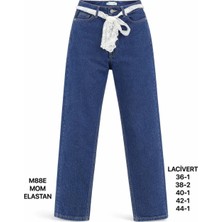 Miss Poem Kadın Lacivert Dantel Kemer Detaylı Yüksek Bel Mom Fit Jean Pantolon