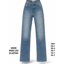 Miss Poem Kadın Tint Mavi Taş Detaylı Wide Leg Jean Pantolon