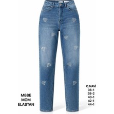 Miss Poem Kadın Mavi Yüksek Bel Taş Detaylı Mom Fit Jean Pantolon