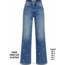 Miss Poem Kadın Orta Mavi Fiyonk Detaylı Wide Leg Jean Pantolon