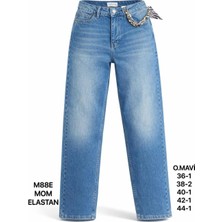 Miss Poem Kadın Mavi Fular Detaylı Yüksek Bel Mom Fit Jean Pantolon