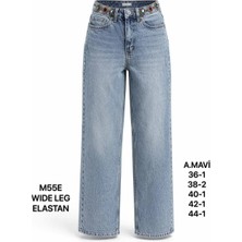 Miss Poem Kadın A.mavi Taş Detaylı Yüksek Bel Wide Leg Jean Pantolon
