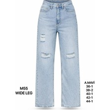 Miss Poem Kadın Açık Mavi Yırtık Detaylı Wide Leg Jean Pantolon