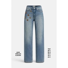 Miss Poem Kadın Tint Mavi Taş Işlemeli Geniş Paça Jean Pantolon