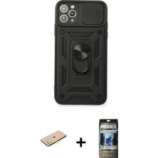 BUTİMAR'S iPhone 11 Pro Max Ahenk Klasik - Siyah 34D Hayalet Izgaralı Cam + Sarı Renkli Kamera Lens Koruma Cam