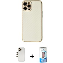 BUTİMAR'S iPhone 12 Pro Max Ahenk Işık - Siyah 5d Eko Cam Ekran Koruyucu + Gold Shine Kamera Lens