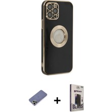 BUTİMAR'S iPhone 12 Pro Max Iz Form Serisi - Siyah Bilvis Hayalet Cam Ekran Koruyucu + Gold Metal Kamera Lens Koruma Cam