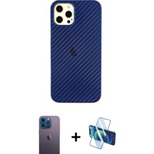BUTİMAR'S iPhone 12 Pro Max Nova Çizgi - Siyah 3D Antistatik Cam Ekran Koruyucu + Mavi Neon Fosforlu Kamera Lens