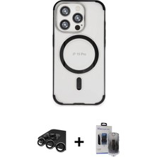 BUTİMAR'S iPhone 15 Pro Max Eksen Klasik Koleksiyonu - Siyah Vanessa Magic Hayalet Cam + Titanyum Gri Raze Metal Kamera Lens