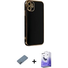 BUTİMAR'S iPhone 12 Yankı Serisi - Siyah Bilvis 5in1 5d Magic Hayalet Cam Ekran Koruyucu + Sierra Blue Shine Kamera Lens Koruma Cam