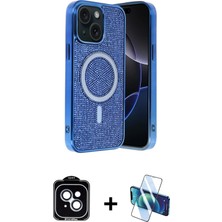 BUTİMAR'S iPhone 14 Eksen Çizgi - Siyah 3D Antistatik Cam Ekran Koruyucu + Mavi Pvd Metal Kamera Lens