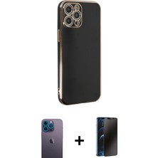 BUTİMAR'S iPhone 12 Pro Yankı Serisi - Siyah 3D Antistatik Hayalet Cam Ekran Koruyucu + Mavi Neon Fosforlu Kamera Lens