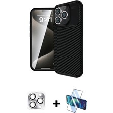 BUTİMAR'S iPhone 16 Pro Max Eksen Form Prime - Siyah 3D Antistatik Cam Ekran Koruyucu + Gümüş Pers Alüminyum Kamera Lens