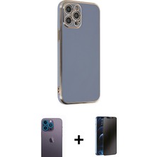 BUTİMAR'S iPhone 12 Pro Max Yankı Serisi - Siyah 3D Antistatik Hayalet Cam Ekran Koruyucu + Mavi Neon Fosforlu Kamera Lens