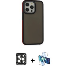 BUTİMAR'S iPhone 15 Pro Max Eksen Işık - Siyah 3D Antistatik Cam Ekran Koruyucu + Gri Pvd Metal Kamera Lens