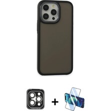 BUTİMAR'S iPhone 15 Pro Max Eksen Işık - Siyah 3D Antistatik Cam Ekran Koruyucu + Gri Pvd Metal Kamera Lens