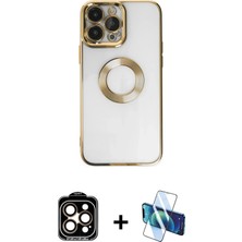 BUTİMAR'S iPhone 14 Pro Max Pusula Form - Siyah 3D Antistatik Cam Ekran Koruyucu + Turuncu Pvd Metal Kamera Lens