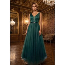 Prlineüstü Saten Altı Tül Kolsuz Abiye Elbise