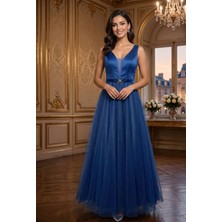 Prlineüstü Saten Altı Tül Kolsuz Abiye Elbise